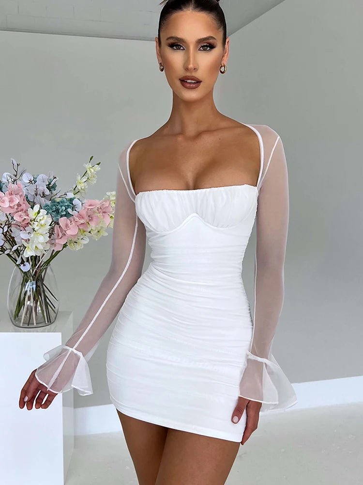 Ruched Camisole Design 2-Layer Mesh Flared Sleeve Zipper Back Bodycon Mini Formal Party/Club Dress