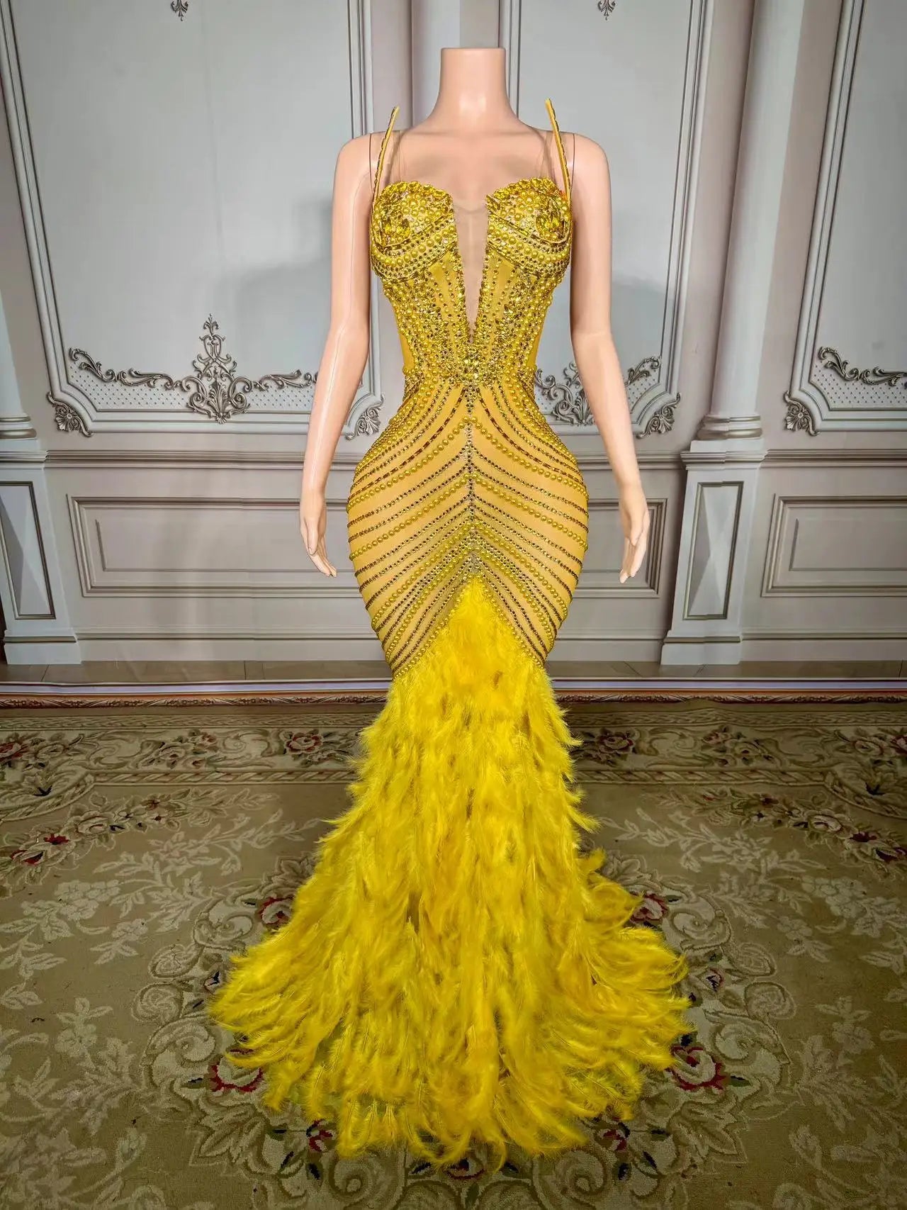 Sparkling Metallic Rhinestone Pearl Feather Detail Sleeveless Floor-length Party/Prom Formal Maxi Dress to 4X Plus Size