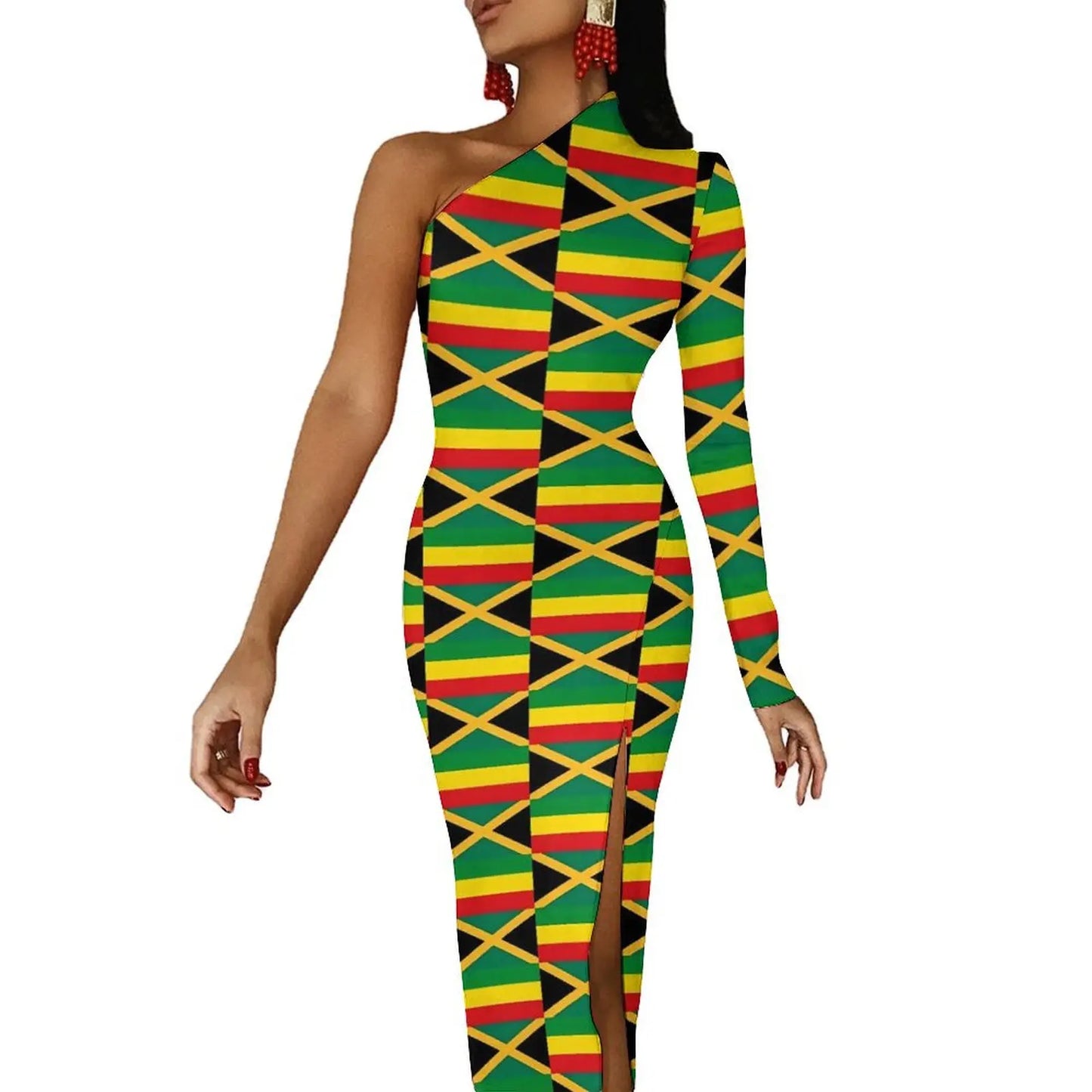 Jamaica Flag Colors Striped/Geometric/Camoflauge High Side Slit One Sleeve Streetwear Bodycon Maxi Dress