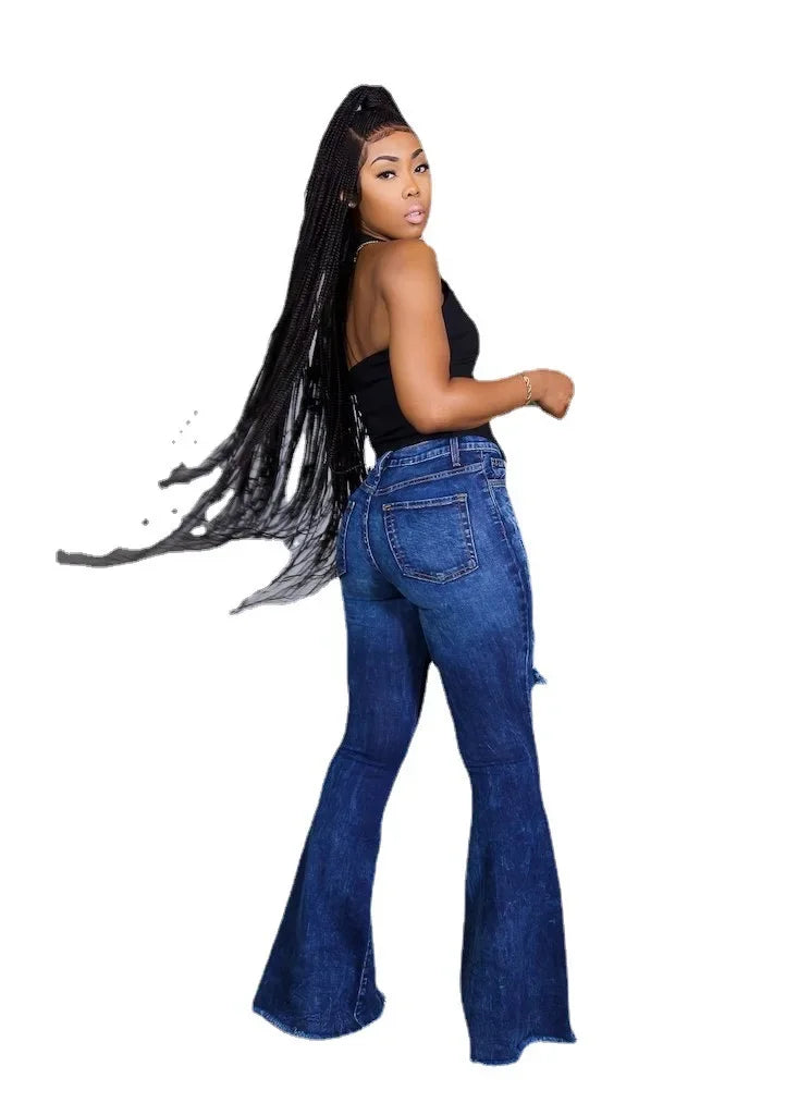 Denim Heart Print Ripped Hollow-Out Hole Design Streetwear Women's Wide Leg Bootcut Jeans