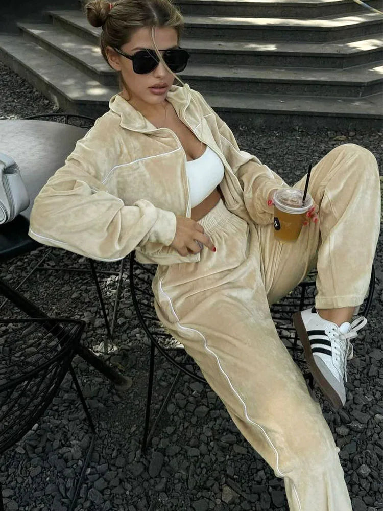 Velvet Solid Color Zipper Lapel Jacket + Wide Leg Sweatpants Women's Tracksuit