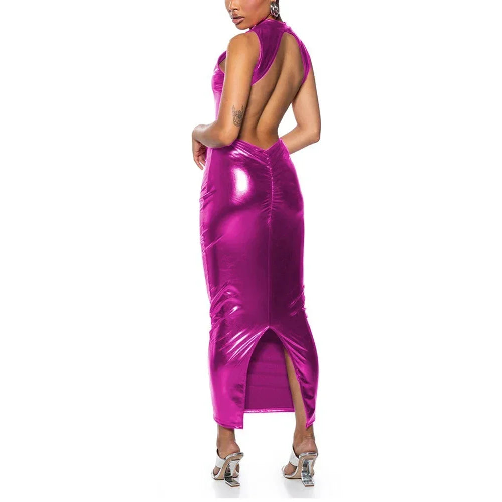 Shiny PU Leather Metallic Backless Sleeveless High Back Slit Bodycon Formal Maxi Party Dress to 3X Plus Size