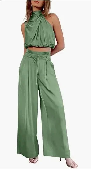 Sleeveless Turtleneck Ruched Crop Top + Bell Bottom Wide Leg Women's Pants 2-Piece Set