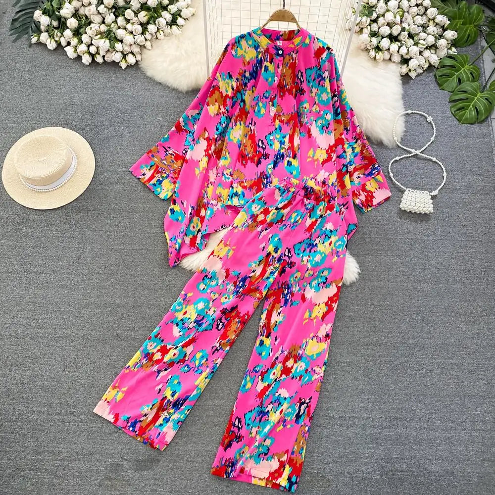 Fashion New Women Casual Loose Floral Trousers Suit Boho Elegant Maxi Shirts Blouses Wide-Leg Pantsuit Female Party Two Pieces