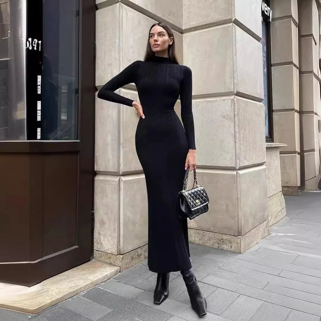 Women Elegant Long Sleeve Knitted Maxi Dress High Neck Bottoming Striped Sweater Slim Long Dress Bodycon Party Club Streetwear