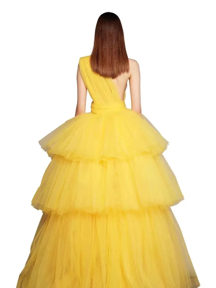 Yellow Pleated Layered Organza Tiered Asymmetrical One Shoulder Prom/Party Formal Dress w/ Train