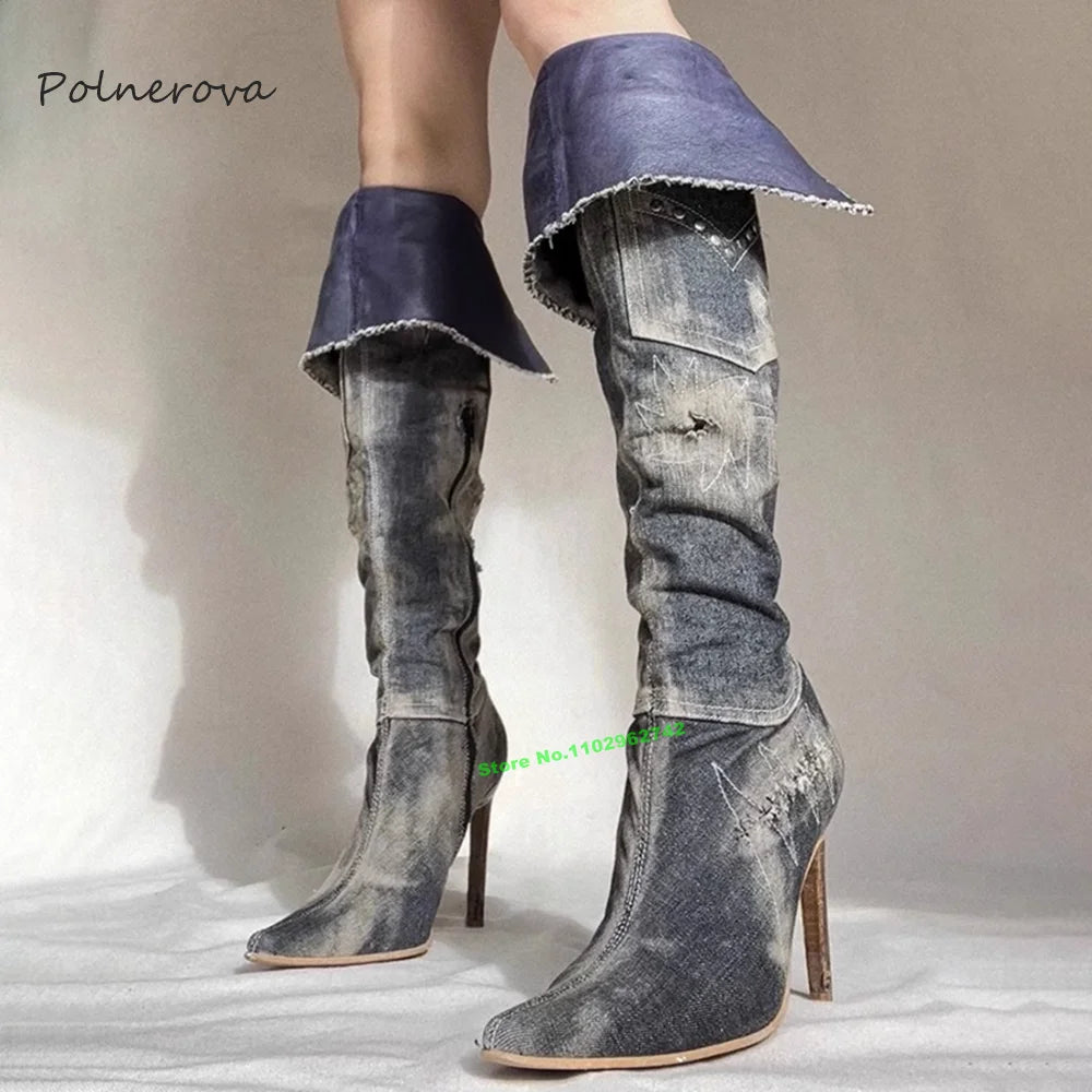 Retro Grey Denim Knee High Pointed Toe Thin High Heel Zipper Boots