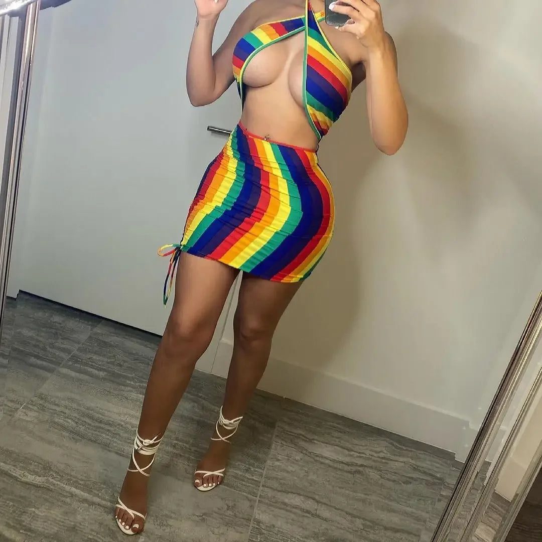 Striped Swirl Colorblock Print Criss-Cross Sleeveless Crop Top + Drawstring Bodycon Mini Skirt 2-Piece Set