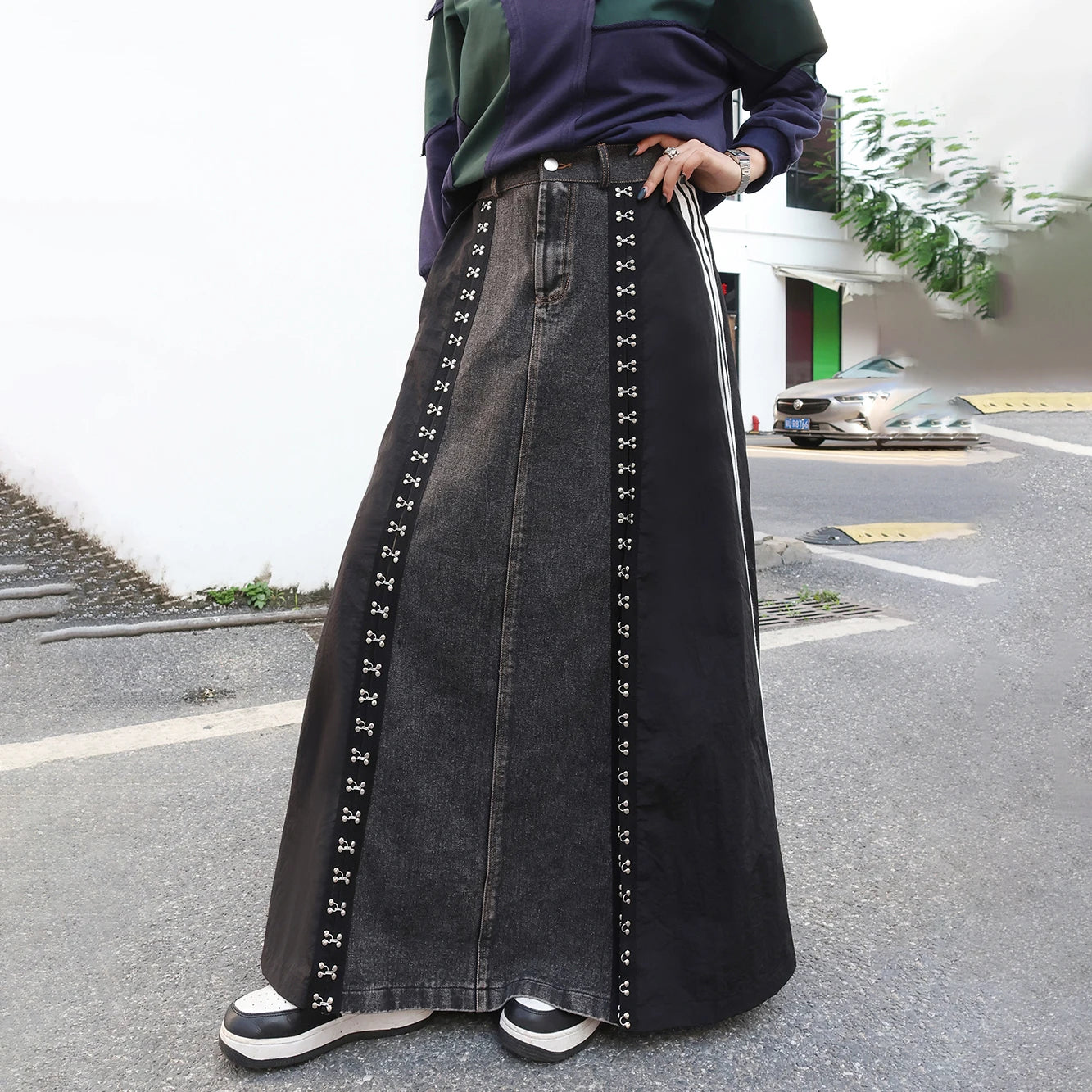 240939 European American Personalized Buttons Woman A-E Skirt Loose Plus Size Patchwork Denim Long Skirts Faldas Mujer Saias