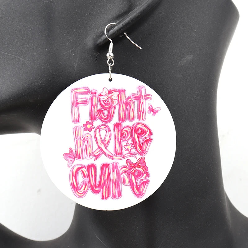 Round Pink Breast Cancer Wooden Earrings