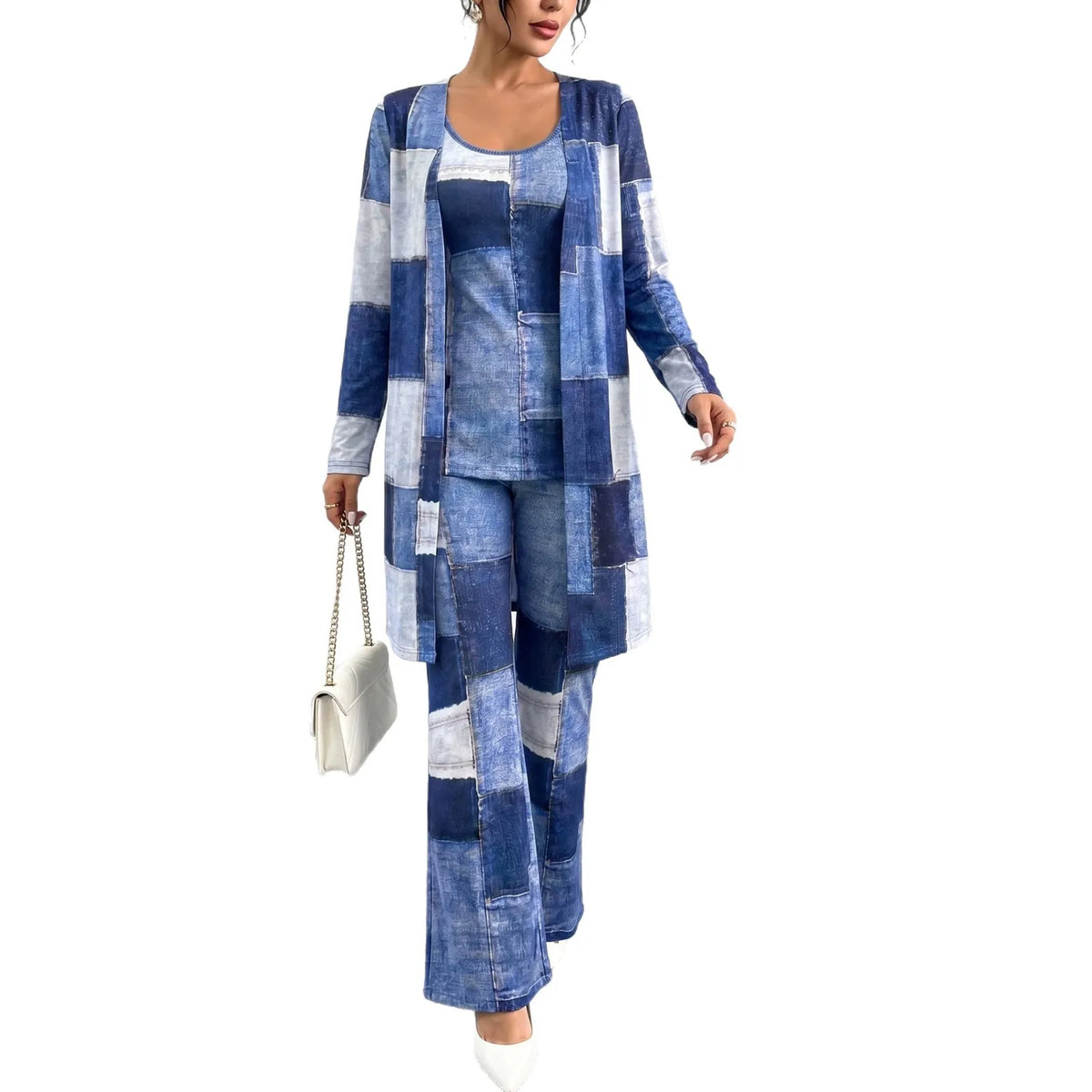Colorblock Checker Print Women's Blazer Jacket w/ Matching Sleeveless Top + Pants 3-Piece Suit