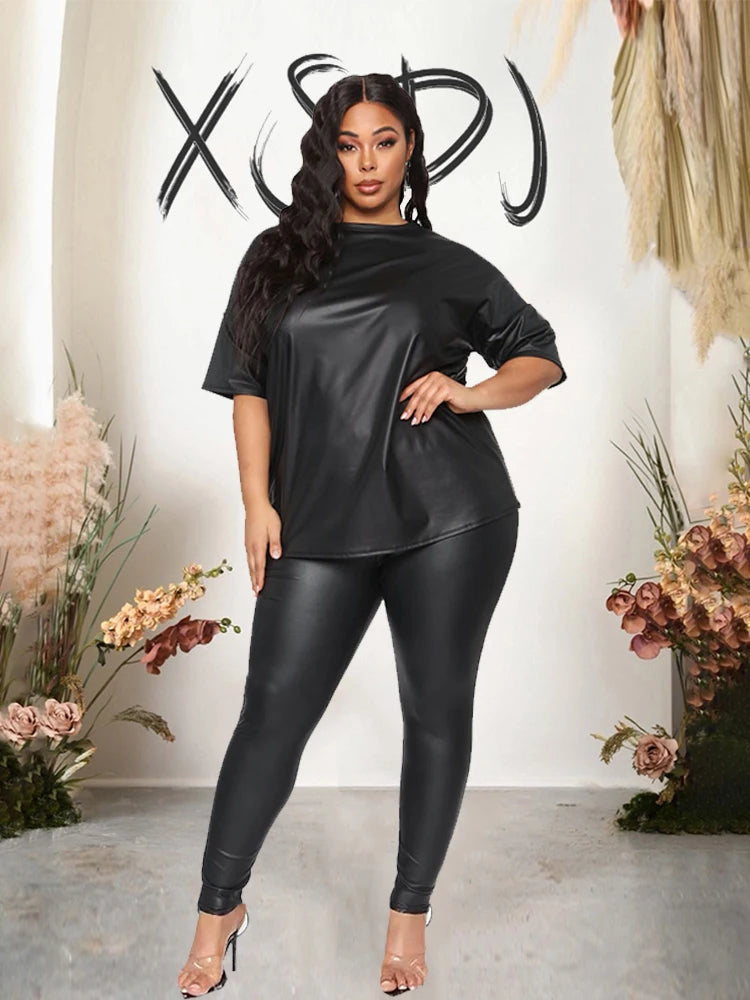 Black Faux Leather Women's Short Sleeve Blouse + Stretch Leggings 2-Piece Set to 5X Plus Size