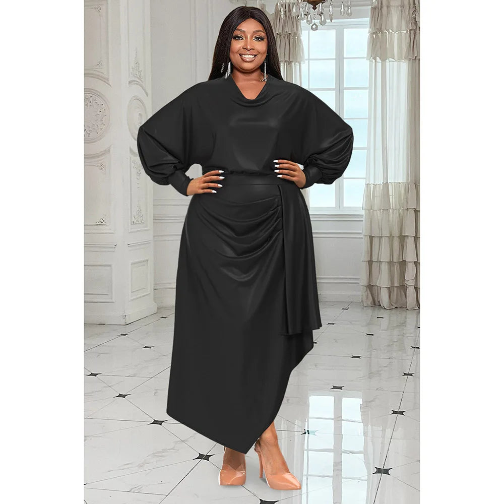 Irregular Satin Ruched Cinched Waist Long Sleeve Solid Color Maxi Dress to 4X Plus Size