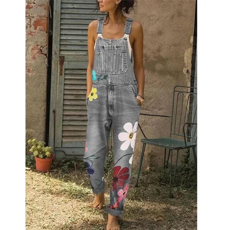 Denim Big Flower Print Sleeveless Overall Style Women's Jean Skinny Jumpsuit to 5X Plus