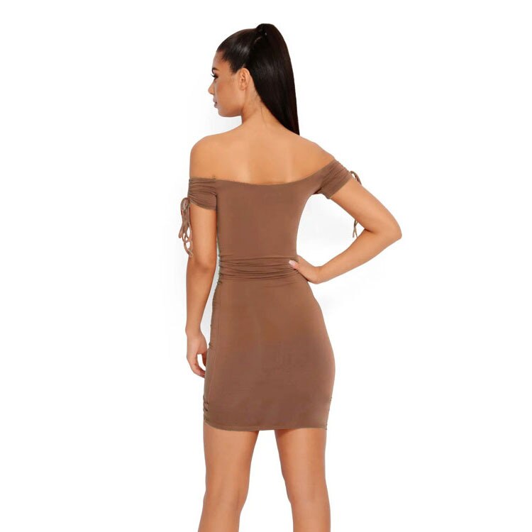 Ruched Drawstring Off Shoulder Deep V-Neck Mini Dress