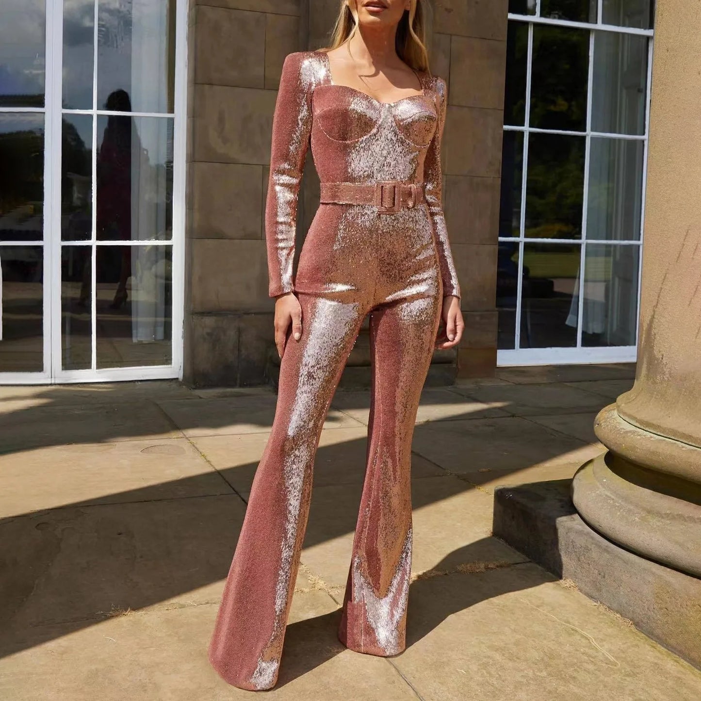 Sequined Sparkling Glitter Skinny Long Sleeve Flare Pant Ladies Formal Party Jumpsuit