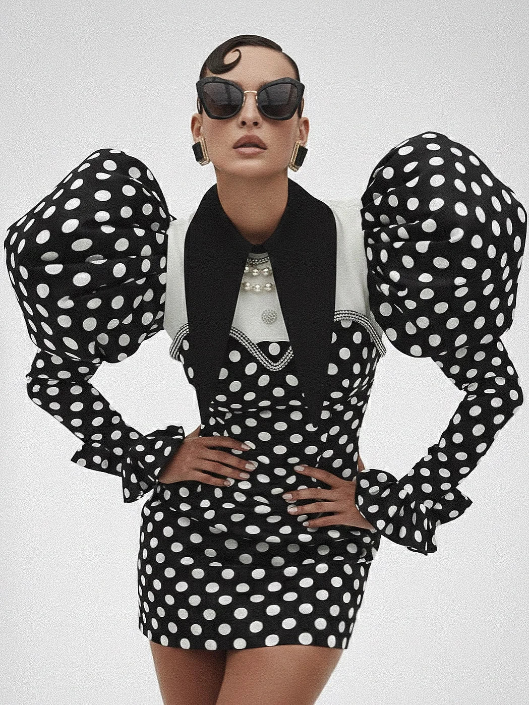 Satin Polka Dot Print Short Bubble Puff Sleeve Mini Party Dress