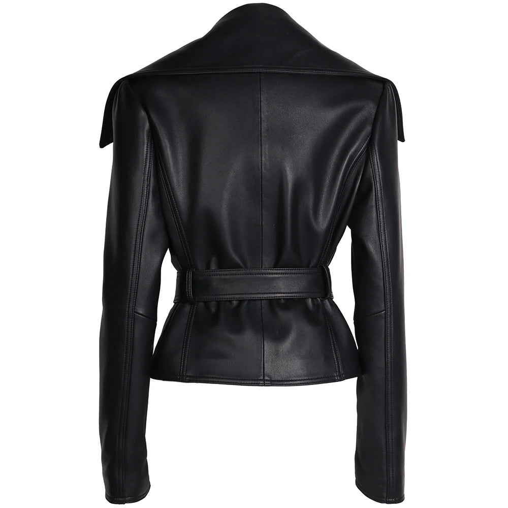 Black Turn-Down Collar Slim Leather Ladies Streetwear Jacket w/ Sash Belt