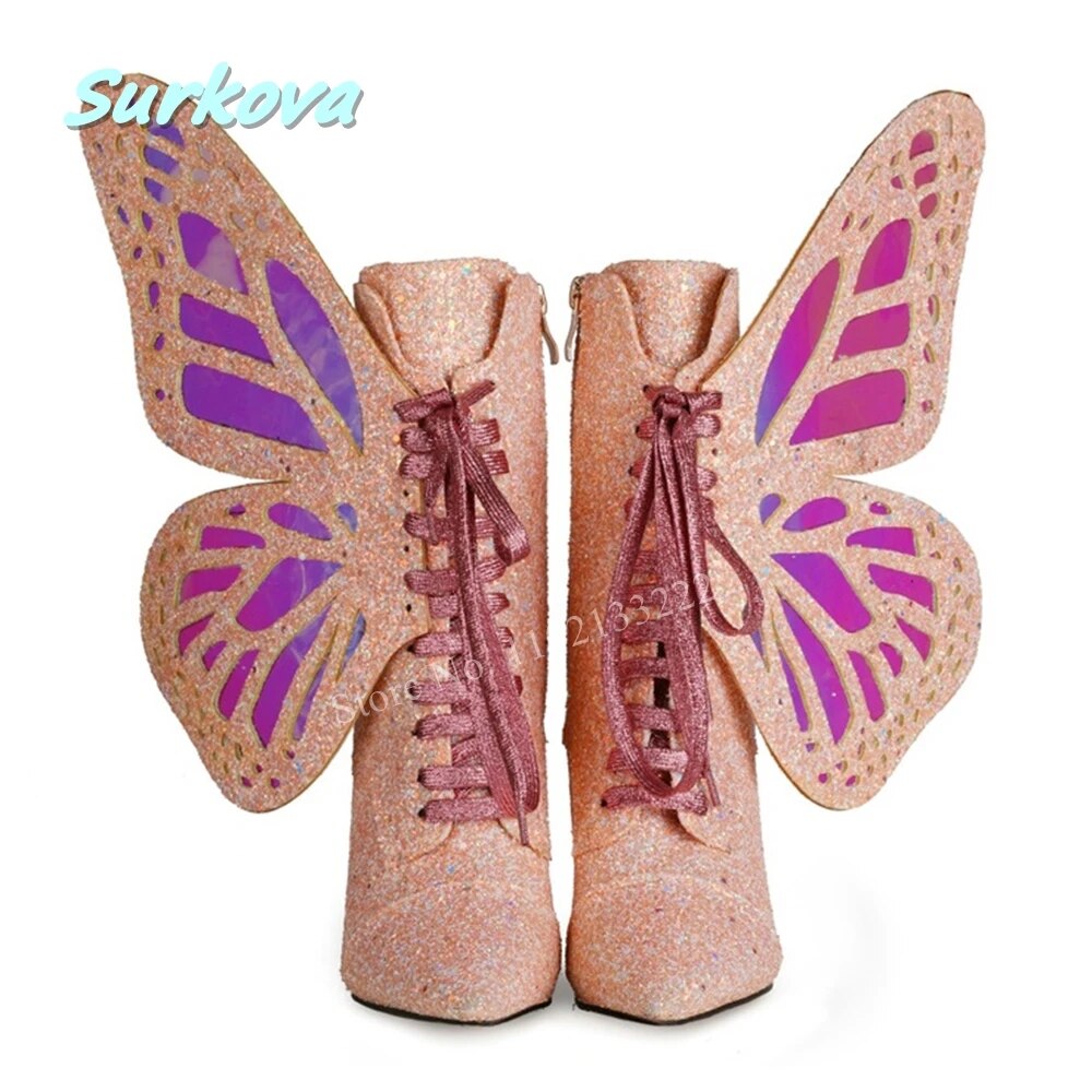 Lace Up Colorful Butterfly Wing Stiletto Pointed Toe High Heel Ankle Boots