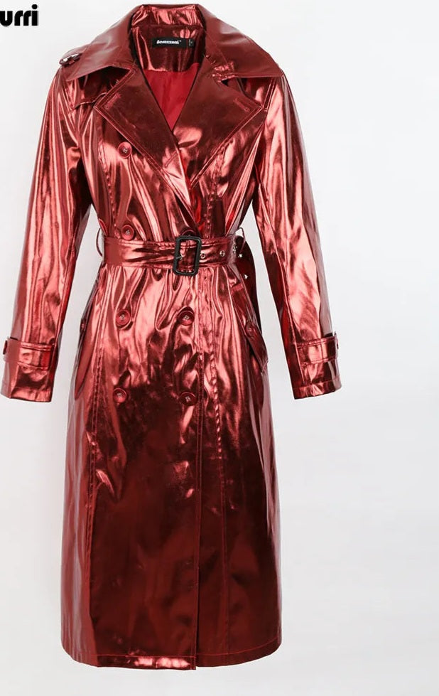 Metallic Reflective Shiny Patent Leather Sashes Double Breasted Trench Coat