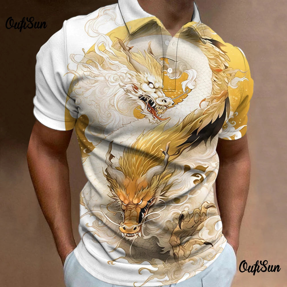 Men's 3D Animal Dragon Printed Flower Polo Shirt