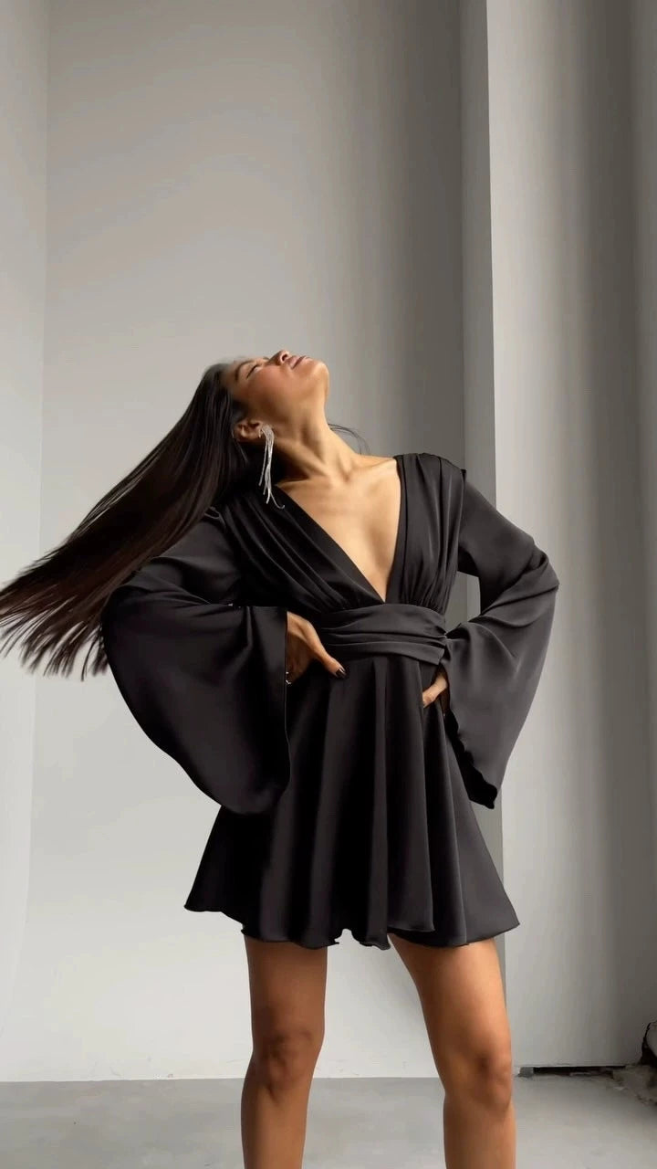 Satin Flared Sleeve Deep V-Neck Formal Mini Dress