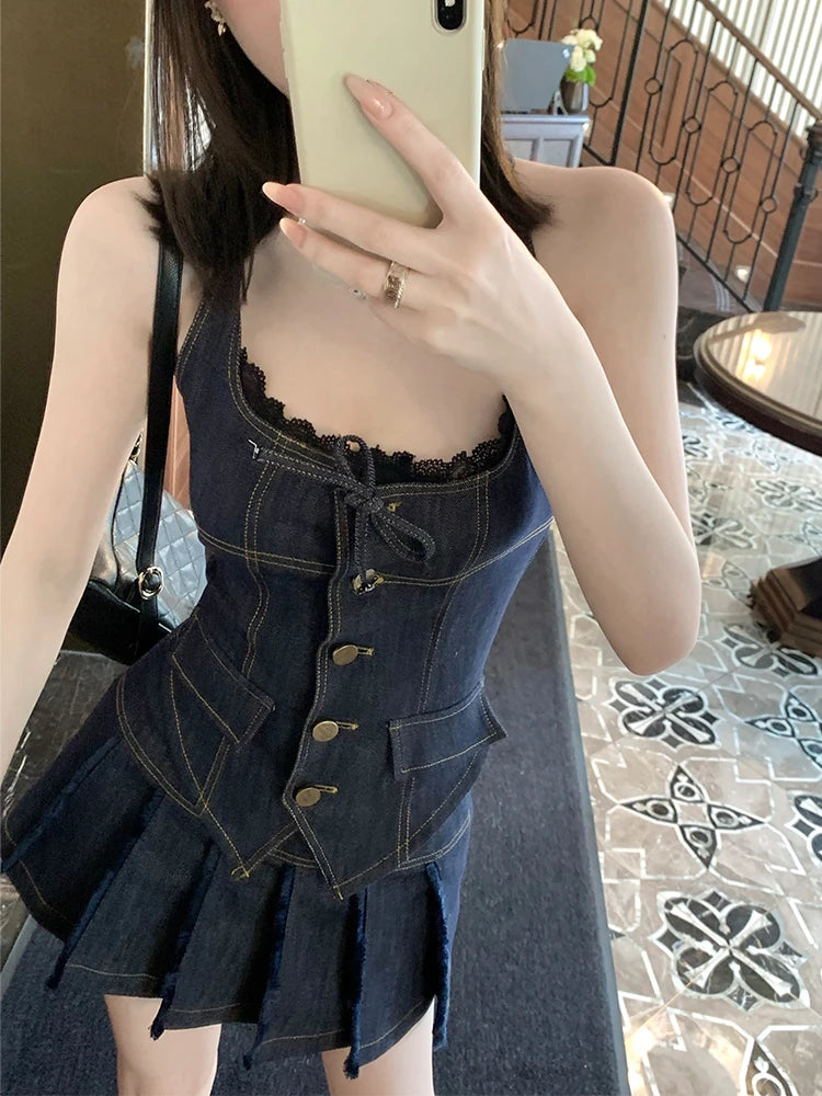Sleeveless Dark Blue Denim Halter Button-Up Vest + Pleated Mini Skirt 2-Piece Set