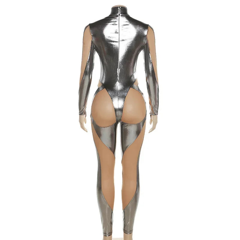 Silver Metallic Faux Leather Mesh Transparent Colorblock Striped Hollow-Out Long Sleeve Skinny Bodycon Jumpsuit