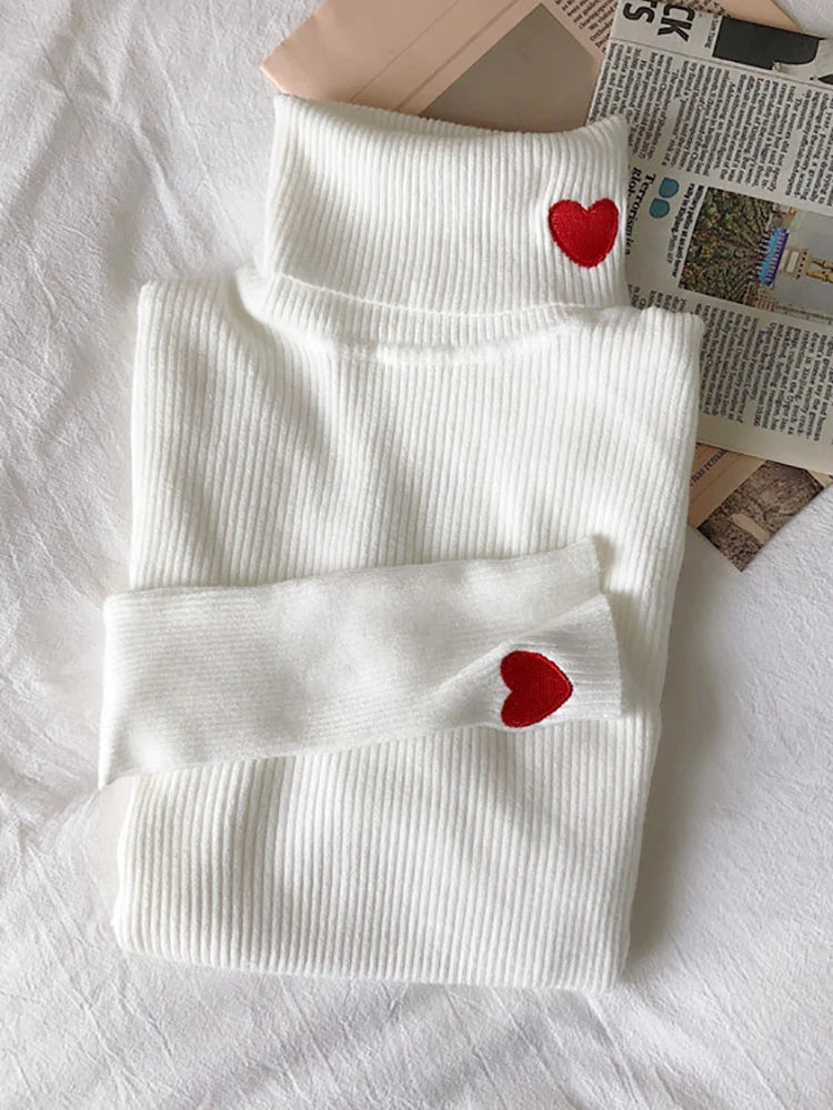 Heart Turtleneck Embroidered Knitted Women's Ribbed Pullover Sweater