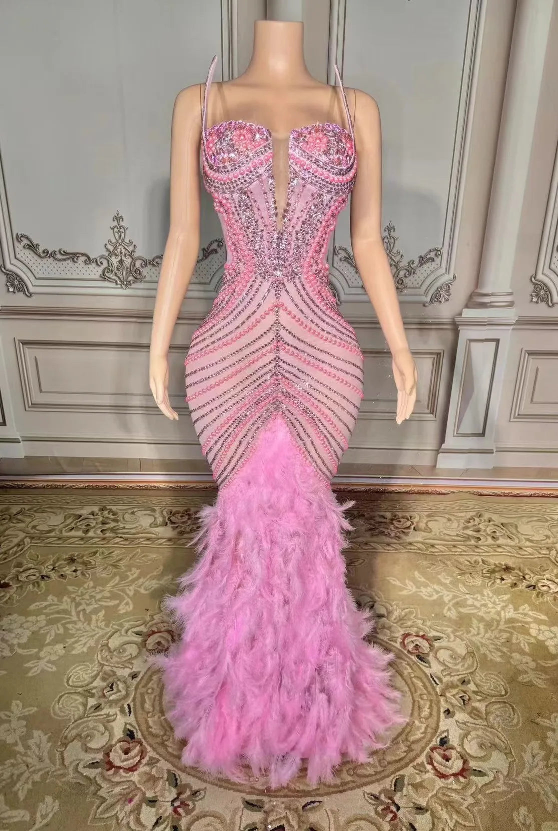 Sparkling Metallic Rhinestone Pearl Feather Detail Sleeveless Floor-length Party/Prom Formal Maxi Dress to 4X Plus Size