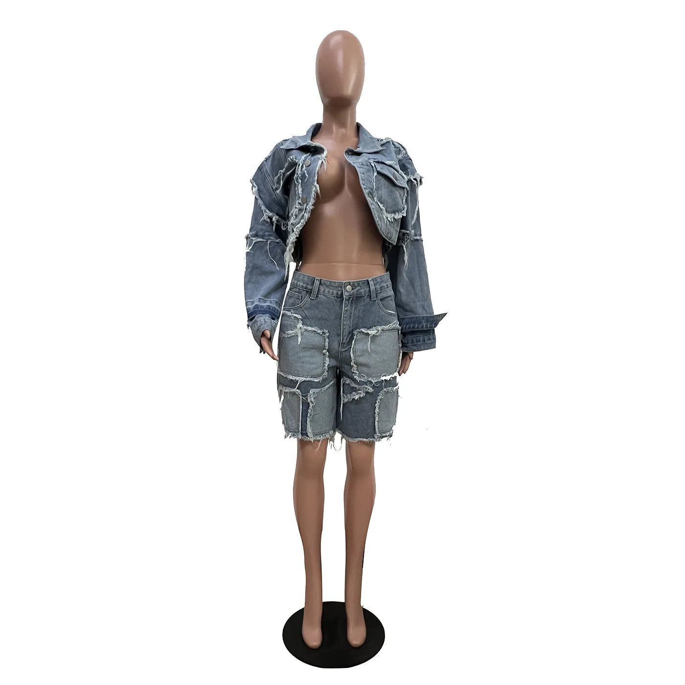 Denim Turn-Down Collar Cropped Jean Jacket + Ripped Colorblock Knee Length Shorts Women's 2-Piece Set