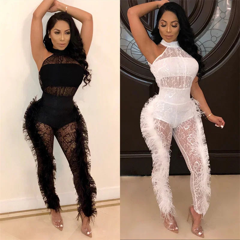 Halter Backless Sleeveless Floral Mesh Transparent Women's Pants Jumpsuit