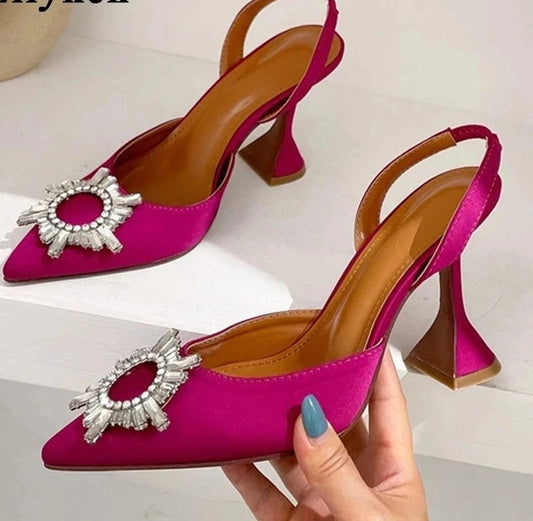 Silk Crystal Pendant Design Low Heel Slingback Mule Pumps