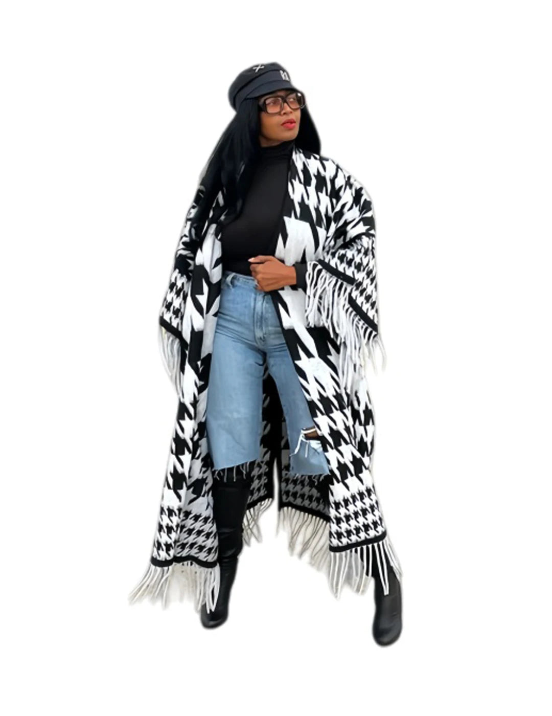 Black/White Cashmere Open Front Cardigan Kimono Tassel Fringe Women's Shawl Maxi Sweater