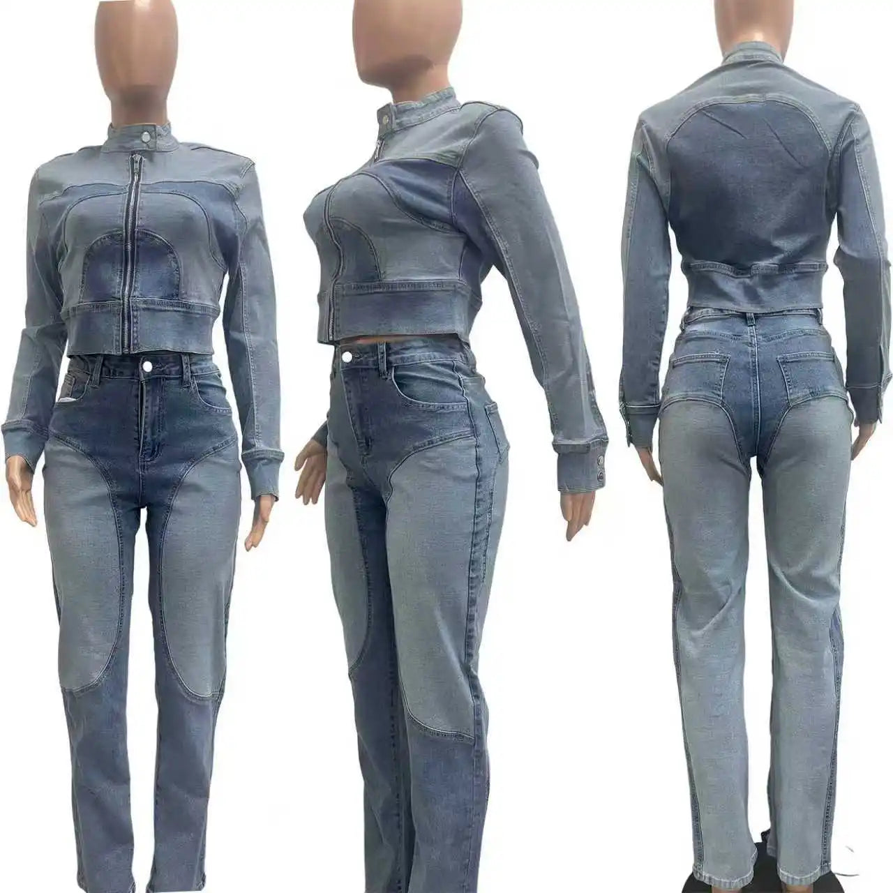 Denim Light/Dark Blue Colorblock Women's Zipper Cropped Jean Jacket + Skinny Jeans 2-Piece Set