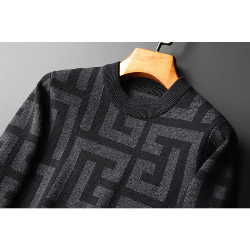Men's Wool Geometric Colorblock Monogram Print Long Sleeve Computer Knitted O-Collar Sweater