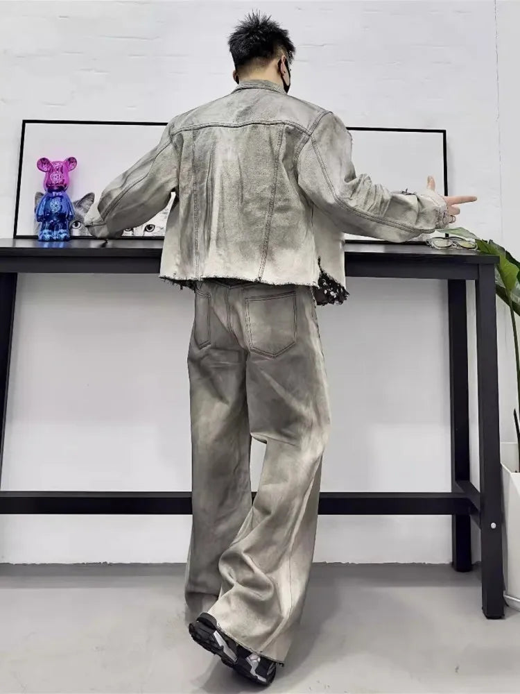 Men's Ripped Grey Gradient Washed Denim Cargo Pocketed Jean Jacket + Loose Wide Leg Jeans Matching Set