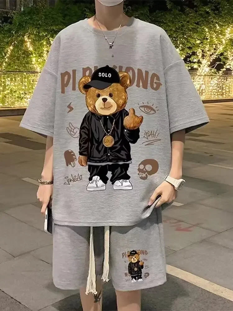 Men's Teddy Bear 3D Embroidered Design Streetwear Hip-Hop Short Sleeve T-Shirt + Drawstring Shorts 2 Piece Set