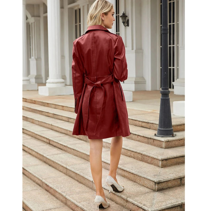 Faux Leather Pocket Detail Button Front Women's Long Sleeve 3/4 Length Turn-Down Collar Jacket