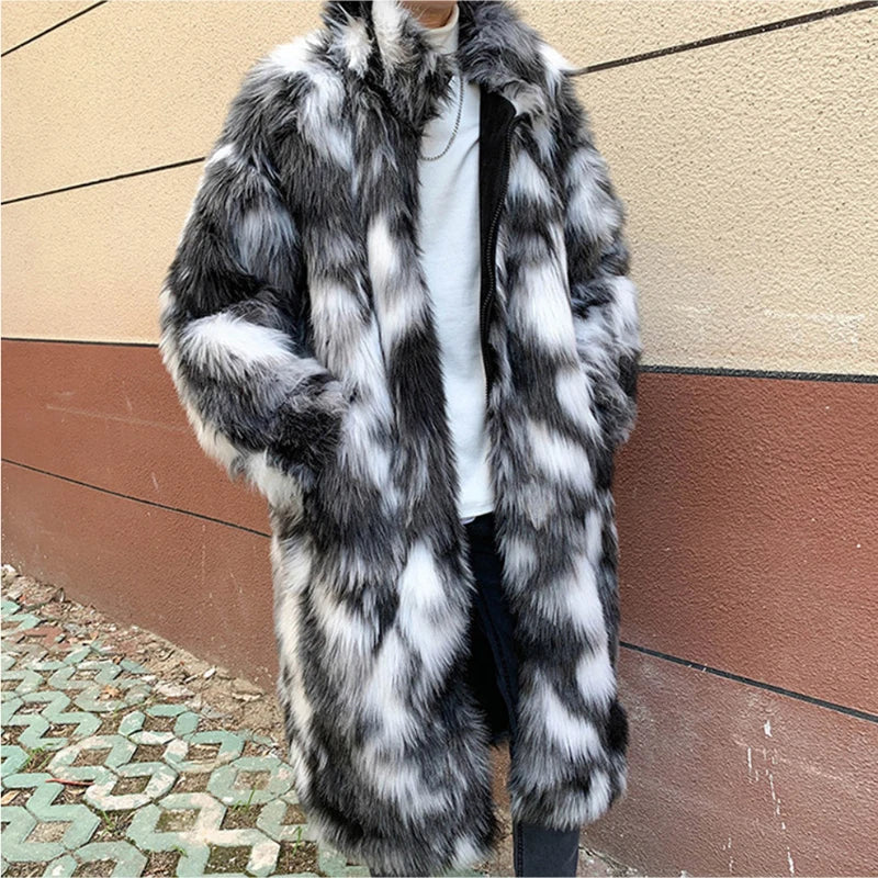 Men's Black/White Colorblock Patchwork Thick Faux Fur Trenchcoat