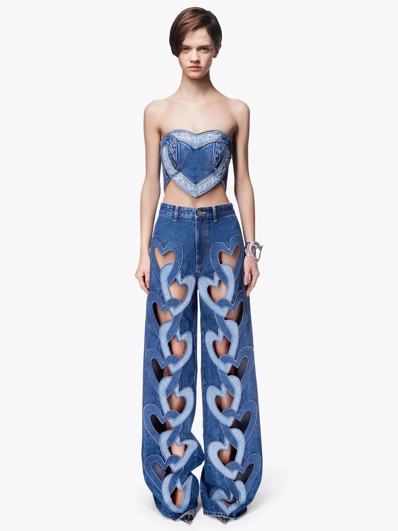 Denim Blue Heart Cut-Out Women's Streetwear Patchwork High Waist Loose Hollow-Out Designer Jeans