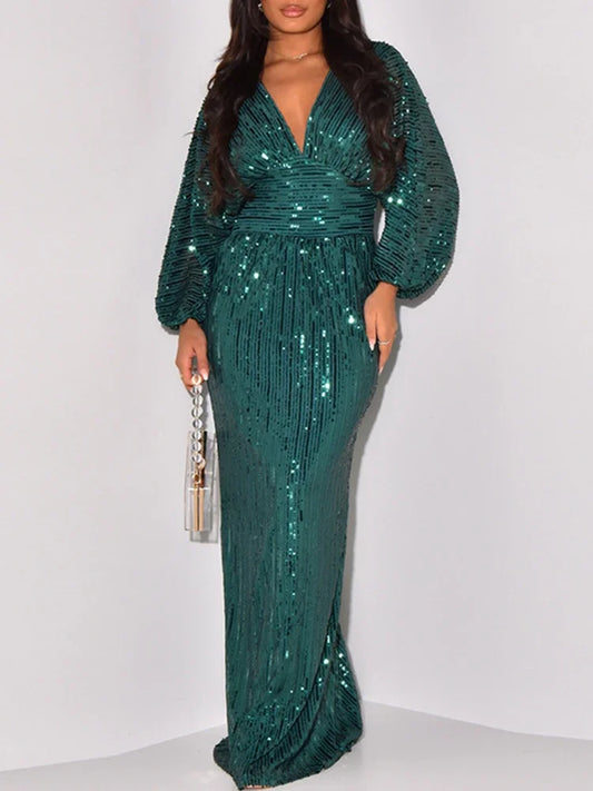 Sequined Glitter Shiny Long Sleeve Deep V-Neck Formal Maxi Dress