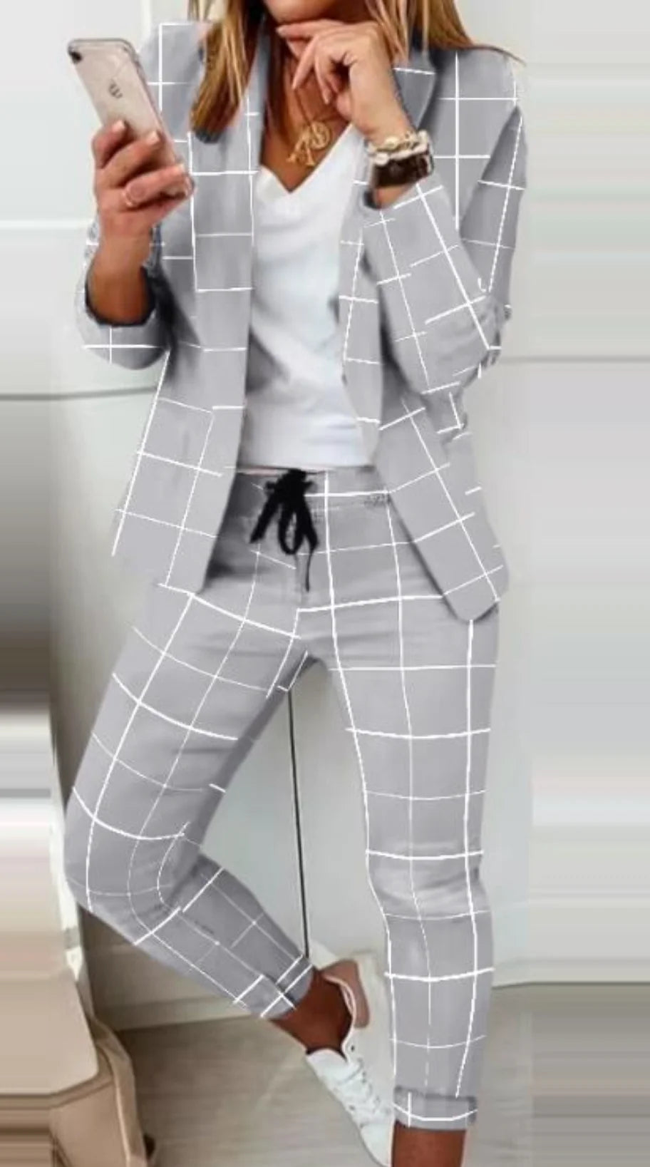English Plaid Print Blazer Jacket +Matching Ankle Length Pants Women's Suit