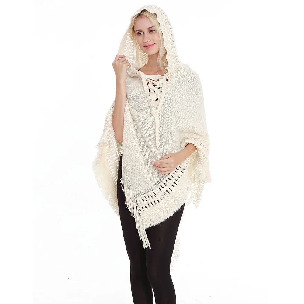 Fringe Tassel Women's Knitted Hooded Crochet Shawl Wrap Sweater