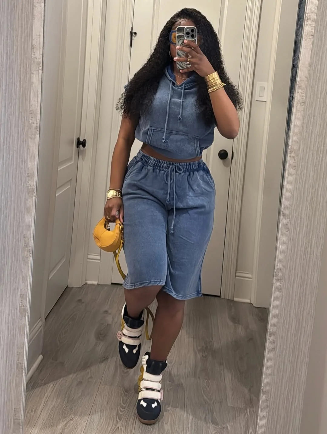 Washed Mock Denim Sleeveless Streetwear Women's Hoodie Top + Drawstring Shorts 2-Piece Set