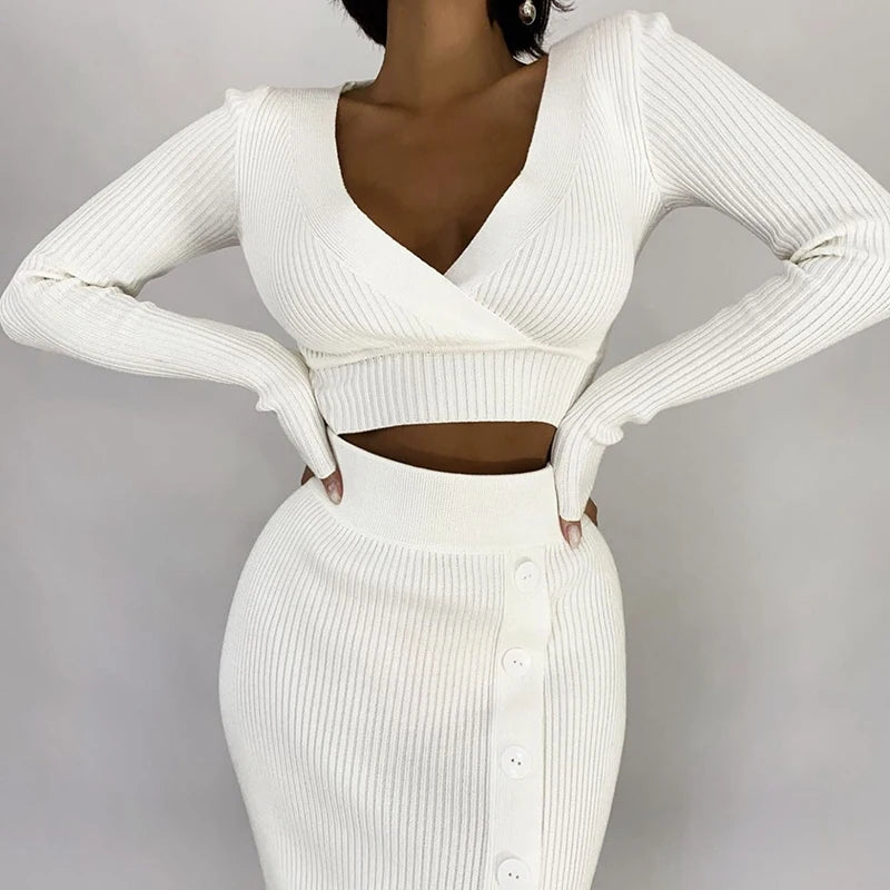 Knitted Wool Pullover V-Neck Cropped Long Sleeve Sweater + Button-Up Slit Skirt 2-Piece Sweater Set