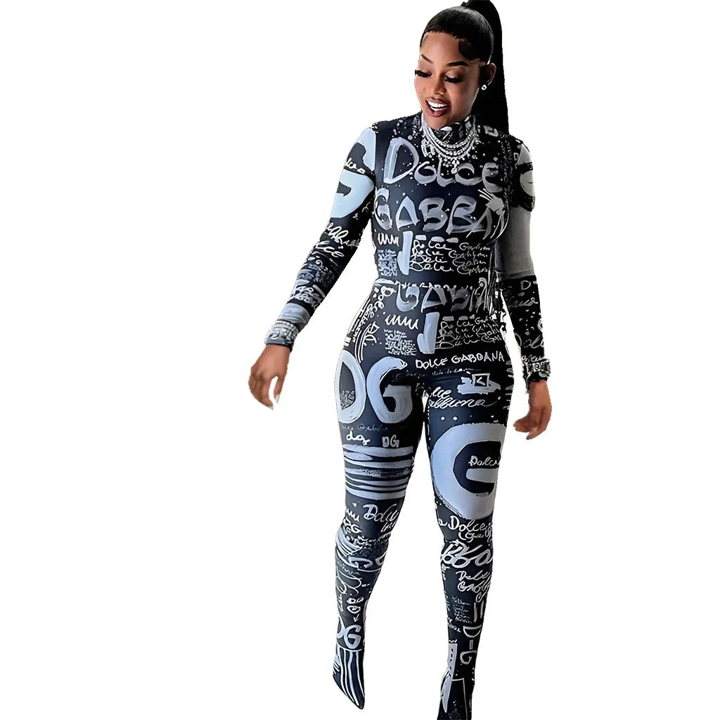 Grafitti Black/White Turtleneck Zipper Long Sleeve Bodycon Jumpsuit