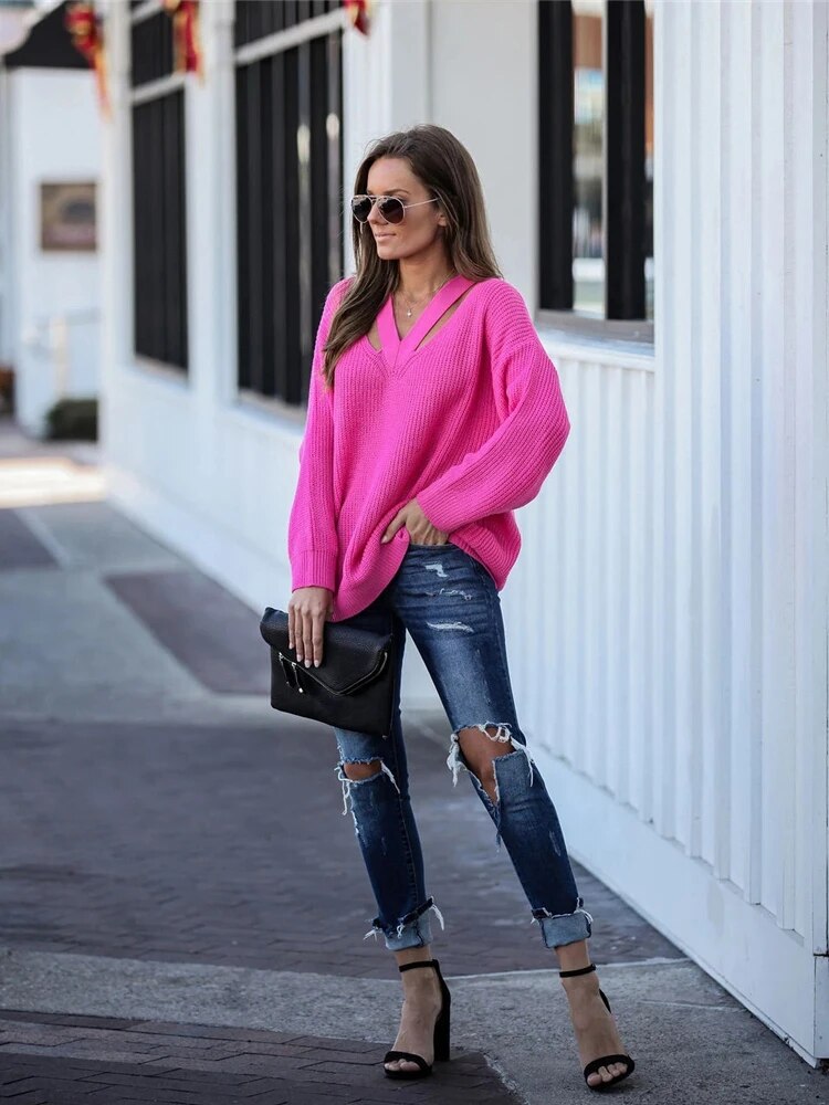 Pullover V-Neck Oversize Long Sleeve Solid Sweaters