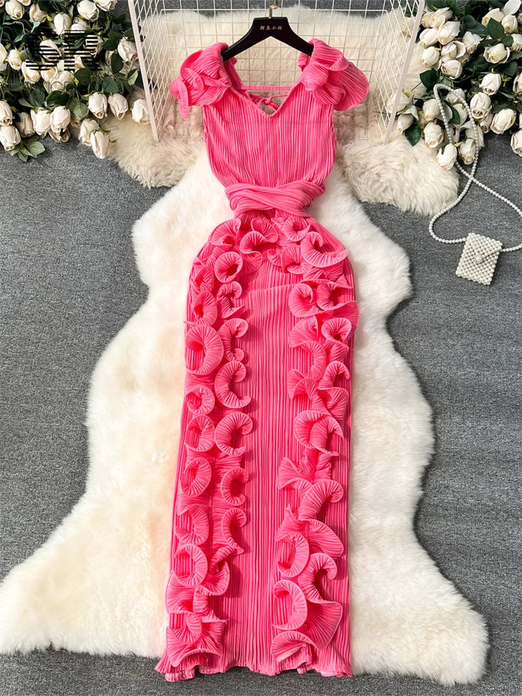Rose Flower Ribbed Ruffled Design Off-the-Shoulder Sleeveless Solid O-Neck Elastic Waist Formal Maxi Dress