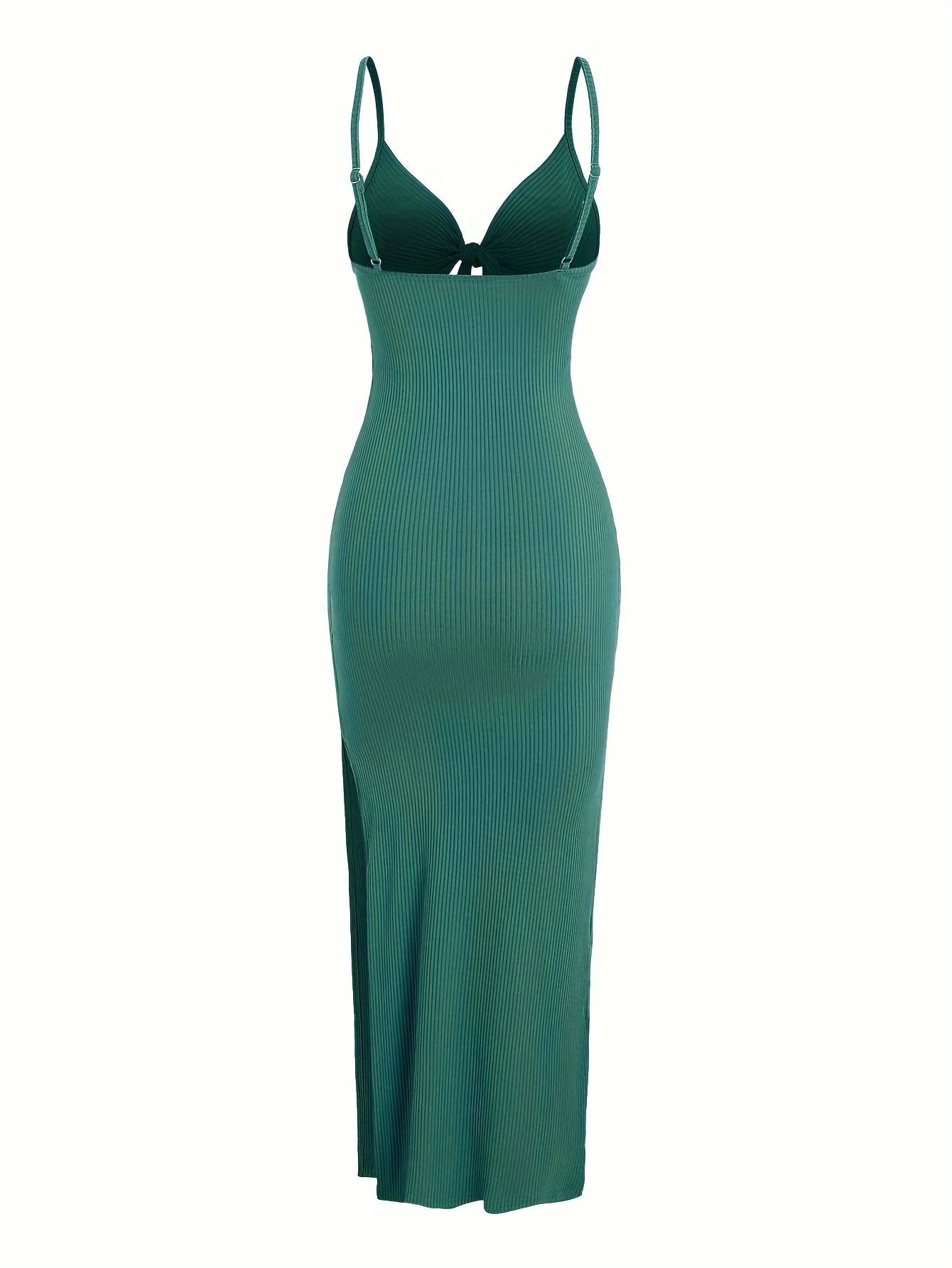 Ribbed Bowknot Design Spaghetti Strap V-Neck Knitted Sleeveless Solid Color High Slit Maxi Dress